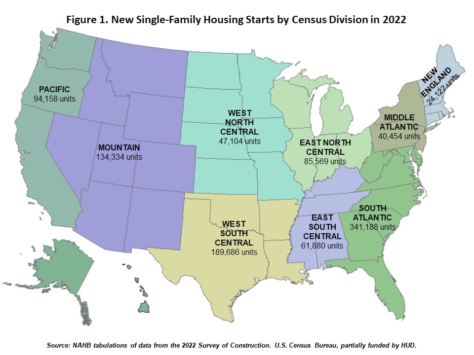 2022 Single-Family Starts by Census Division